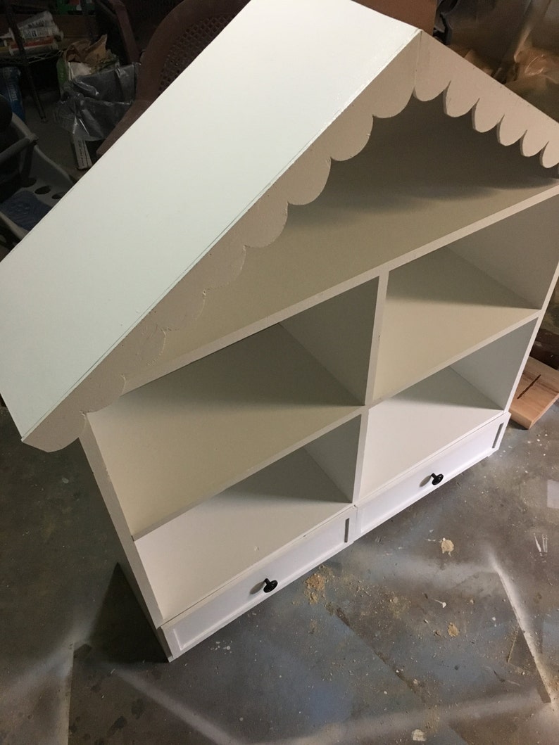 Bookcase/dollhouse with drawers and scalloped roof image 4