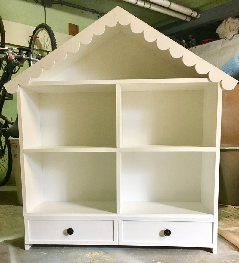 Bookcase/dollhouse with drawers and scalloped roof image 2