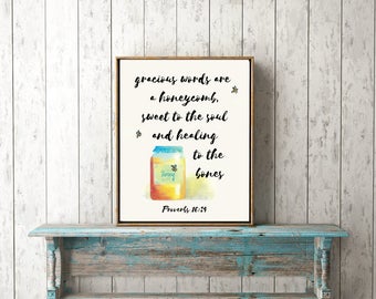 Gracious Words are a Honeycomb - Christian Watercolor Honey Digital Print, Proverbs 16:24 Bible Verse Scripture