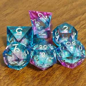 Blue & Purple Resin Dice, Liquid Core DND Dice Set, Sharp Edge Polyhedral Dice, Galaxy and Space Dice, Perfect DND Gifts