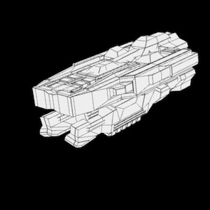 May include: A detailed line drawing of a futuristic spaceship with a sleek, angular design. The spaceship has a long, narrow body with a pointed nose and a series of fins and wings along its sides.