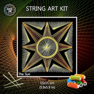 May include: A square string art kit titled The Sun, featuring a geometric star design in yellow, orange, and white thread on a black background. The kit includes metal nails and spools of colored thread, with dimensions of 5.9 by 5.9 inches.