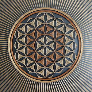 Puede incluir: Un tapiz circular de pared con un patrón geométrico de círculos y triángulos superpuestos. El patrón está creado con cuerda de color marrón y beige sobre un fondo negro.