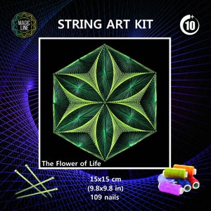 May include: A String Art Kit featuring a geometric Flower of Life pattern in green and yellow thread on a black background. The kit includes 109 nails and measures 9.8 by 9.8 inches. The packaging displays the text Magic Line, String Art Kit, and The Flower of Life.