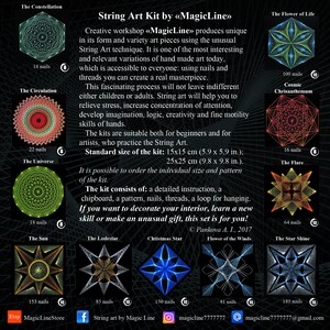Op de afbeelding: String art kit van MagicLine, met 10 verschillende geometrische ontwerpen, waaronder De Bloem des Levens, Het Universum, De Zon, De Vlam en De Sterrenschijn. Elk ontwerp is gemaakt met gekleurd garen gewikkeld rond spijkers op een houten plank. De kit bevat instructies, spijkers, garen en een lus om op te hangen. De standaardmaat van de kit is 15x15 cm (5,9 x 5,9 inch) of 25x25 cm (9,8 x 9,8 inch).
