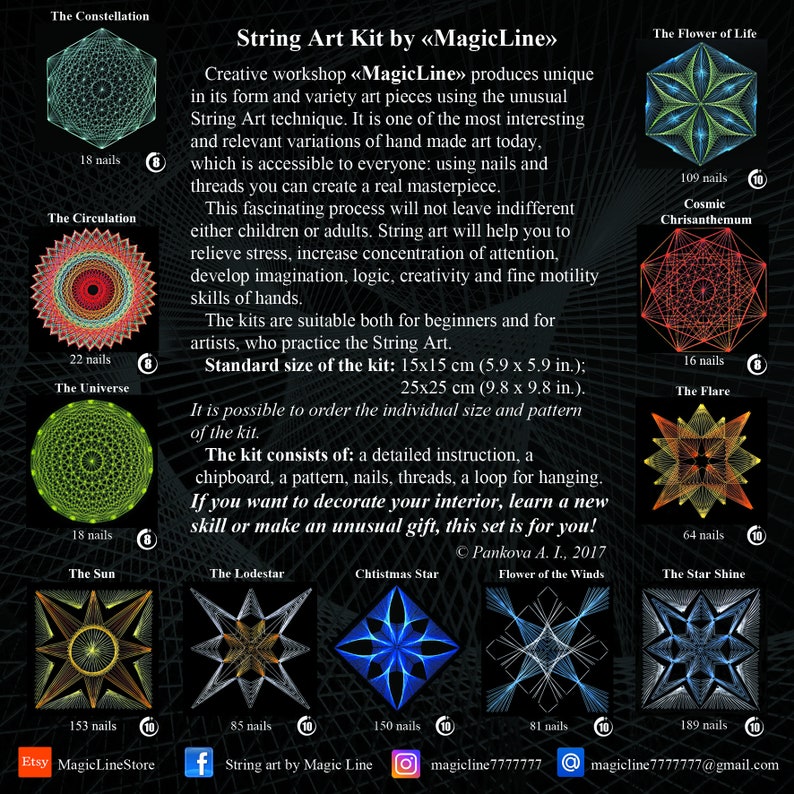 Op de afbeelding: String art kit van MagicLine, met 10 verschillende geometrische ontwerpen, waaronder De Bloem des Levens, Het Universum, De Zon, De Vlam en De Sterrenschijn. Elk ontwerp is gemaakt met gekleurd garen gewikkeld rond spijkers op een houten plank. De kit bevat instructies, spijkers, garen en een lus om op te hangen. De standaardmaat van de kit is 15x15 cm (5,9 x 5,9 inch) of 25x25 cm (9,8 x 9,8 inch).