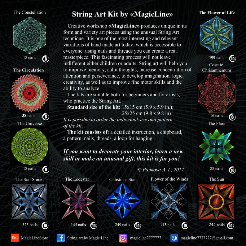 Op de afbeelding: String art kit van MagicLine.  Maak unieke kunstwerken met touw en spijkers.  De kit bevat instructies, een chipboard, spijkers, draden en een lus om op te hangen.  Kies uit een verscheidenheid aan ontwerpen, waaronder De Constellatie, De Circulatie, Het Universum, De Sterrenschijn, De Poolster, De Kerstster, De Bloem van de Wind, De Vlam en De Zon.  Standaardmaten zijn 15x15 cm (5,9 x 5,9 inch) en 25x25 cm (9,8 x 9,8 inch).