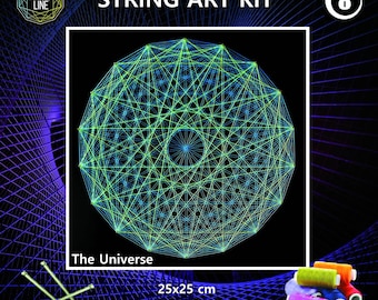 May include: String art kit featuring a geometric design of a universe with green and blue string on a black background. The kit includes 18 nails and measures 9.8 inches by 9.8 inches.