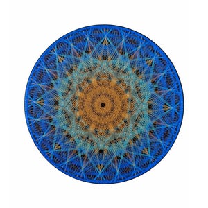 May include: A circular, abstract design featuring a complex pattern of interwoven lines. The design has a blue border, with a gradient of blue, teal, and orange hues radiating from the center. The center is a small, dark circle.