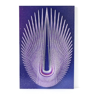 May include: Purple and white string art on a dark blue canvas with a starry background. The string art is in the shape of a large U.