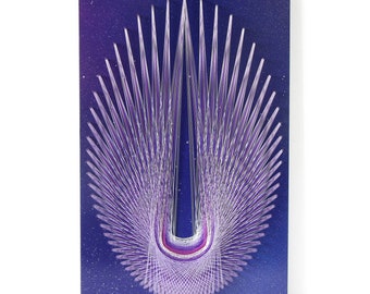 May include: Purple and white string art on a dark blue canvas with a starry background. The string art is in the shape of a large U.