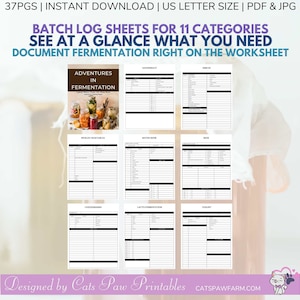 May include: A printable worksheet set for documenting fermentation projects. The set includes 11 categories, such as sauerkraut, water kefir, and yoghurt. The title of the set is "Adventures in Fermentation".