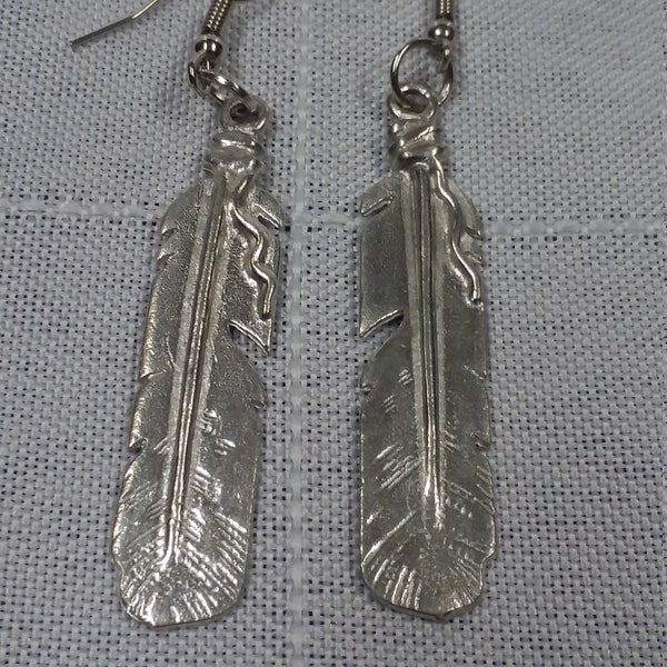 Large Pewter Feather Hook Style Earrings
