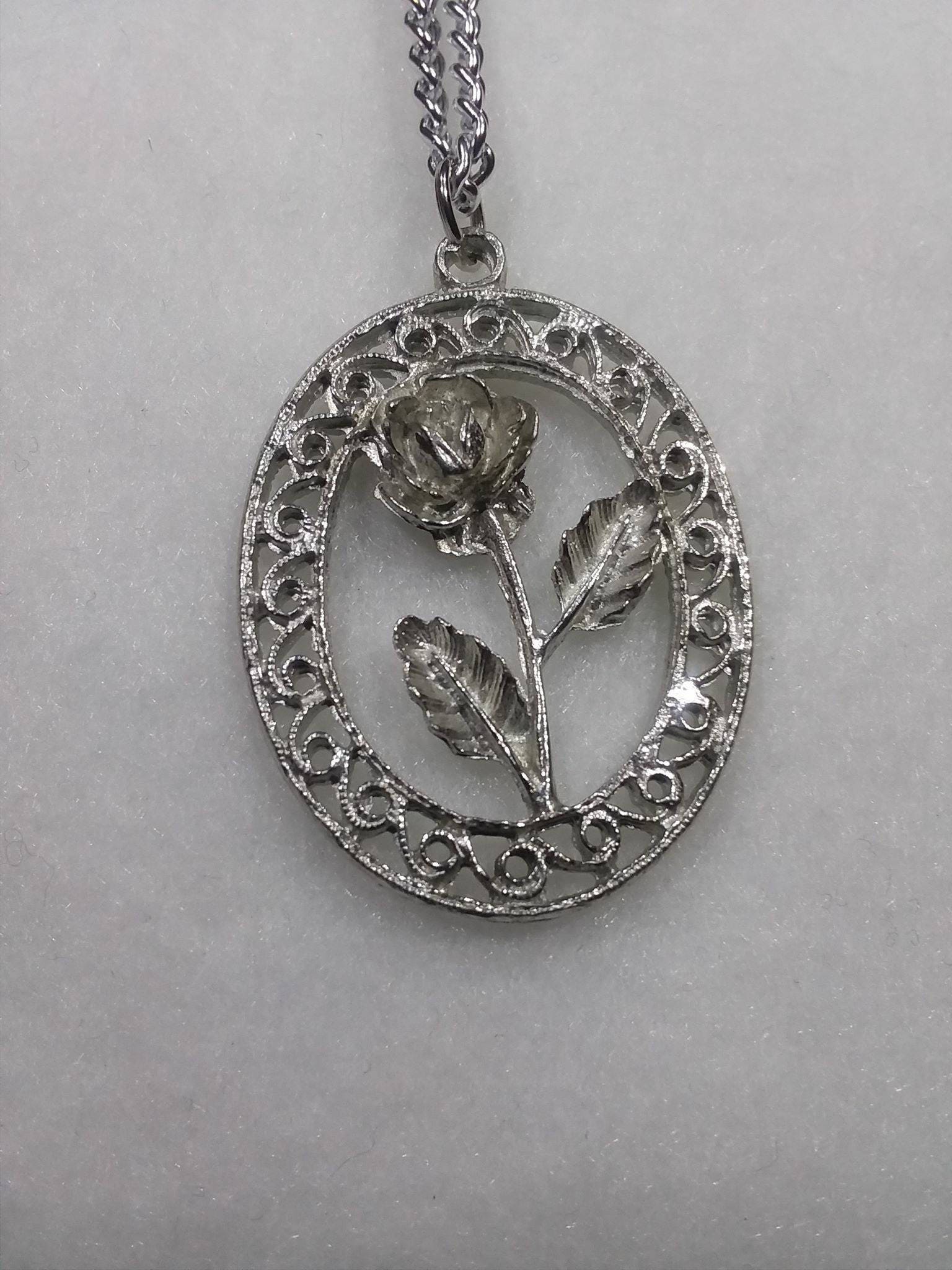 Pewter Framed Rose Pendant Necklace 20in Victorian Rose Stained Glass ...