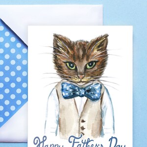 Carte de fête des pères IMPRIMABLE avec enveloppe | Chat aquarelle en noeud papillon carte de voeux, carte pour papa, carte de bricolage instantanée, téléchargement PDF