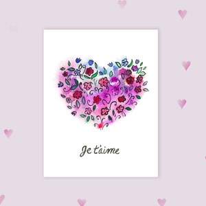 Coeur floral imprimable - Carte de Saint Valentin | Je t'aime, mignon, carte d'amour francophone, coeur de fleur, carte romantique
