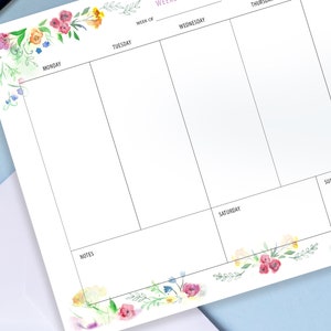 Pretty Weekly Planner Printable, US Letter, A4, Watercolor Flowers ...