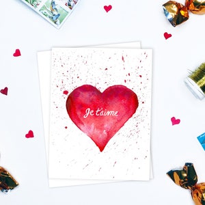 Carte de Saint Valentin imprimable coeur aquarelle | Je t'aime, mignon, carte d'amour francophone, coeur de fleur, carte romantique