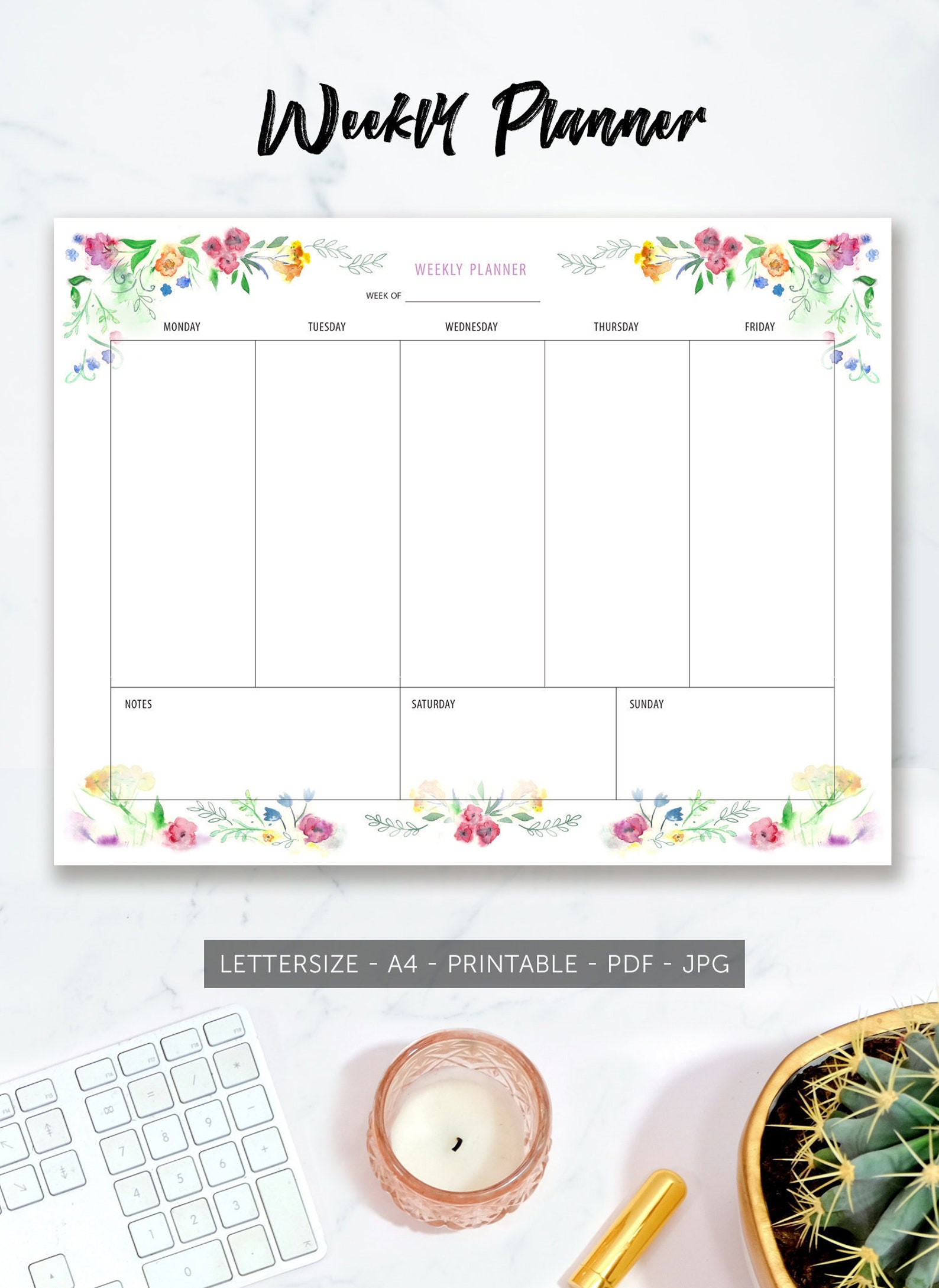 Pretty Weekly Planner Printable, US Letter, A4, Watercolor Flowers ...