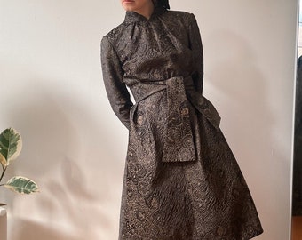 Vintage 1960s Pauline Trigere Metallic Brocade Belted Dress