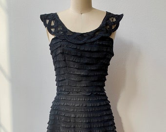 Vintage 1950s Black Netted Lace and Ruffle Tiered Cocktail Dress Size S