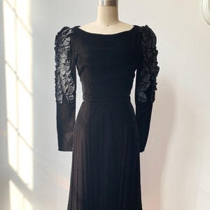 Vintage 1980s Louis Feraud Black Velvet Puff and Ruffle Sleeve Dress Size XS