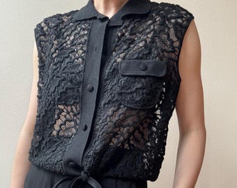 Vintage jaren 60 Gino Paoli doorschijnende wollen gebreide kanten cropped top