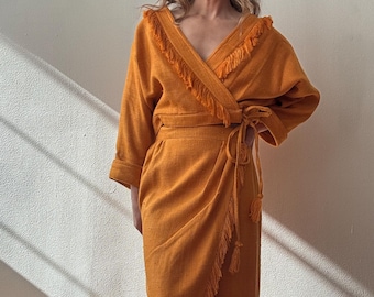 Vintage 1980s Orange Woven Silk Cashmere Fringed Wrap Ensemble