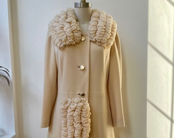 Rare Lilly Ann Ivory Wool French Knit Looped Trim Coat