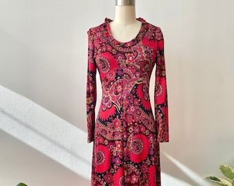 Vintage 1960s 1970s Floral Psychedelic Print Maxi Dress