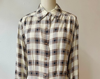 Vintage 1980s Plaid Silk Blouse