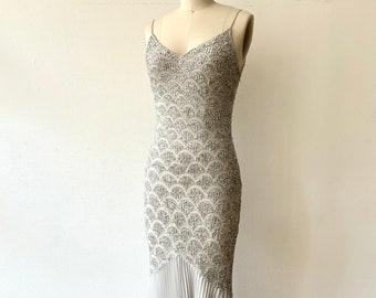 Vintage 1990s Gray Silk Chiffon Beaded & Sequin Gown