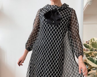 Vintage 60s Mod Checkered Sheer Chiffon Dress Size Small