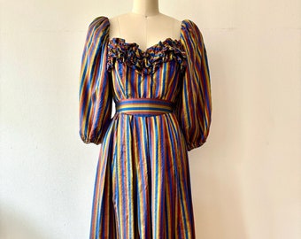 Vintage 1980s Striped Raw Silk Taffeta Puff Sleeve Gown