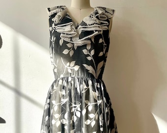 Vintage 1970s Black & White Floral Maxi Dress