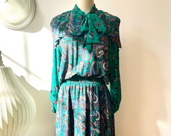 Vintage 1980s Diane Freis Paisley Pleated Dress