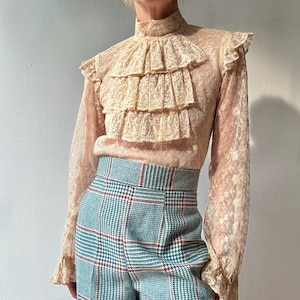 Vintage 1970s Victorian Style Lace Ruffled Blouse