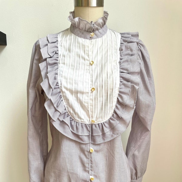 Vintage 1970s Ruffled Bib Striped Cotton Blouse