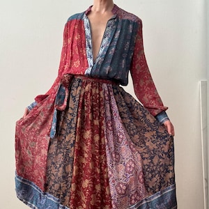 Vtg 70s Ritu Kumar Judith Ann Floral Block Print Midi Dress
