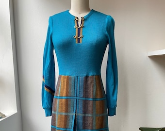 Vintage 1970s Gay Gibson Knit Plaid Dress