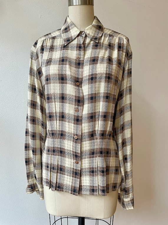 Vintage 1980s Plaid Silk Blouse