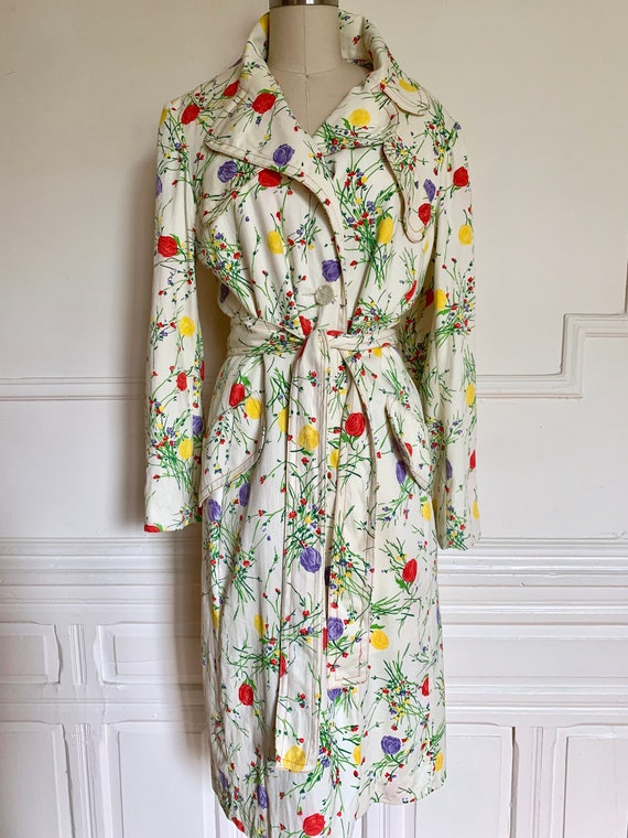 60s 70s Donald Brooks Floral Trench Coat Size M