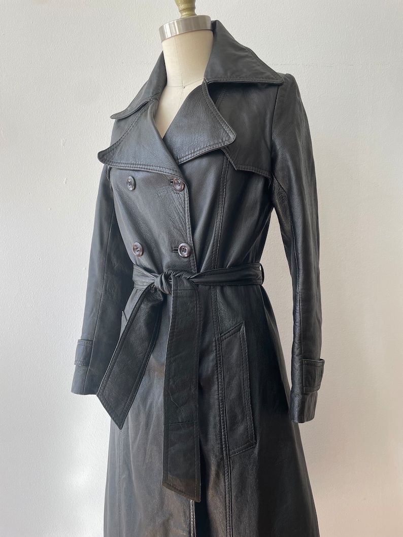 Vintage 1970s Black Leather Belted Trench Coat image 2