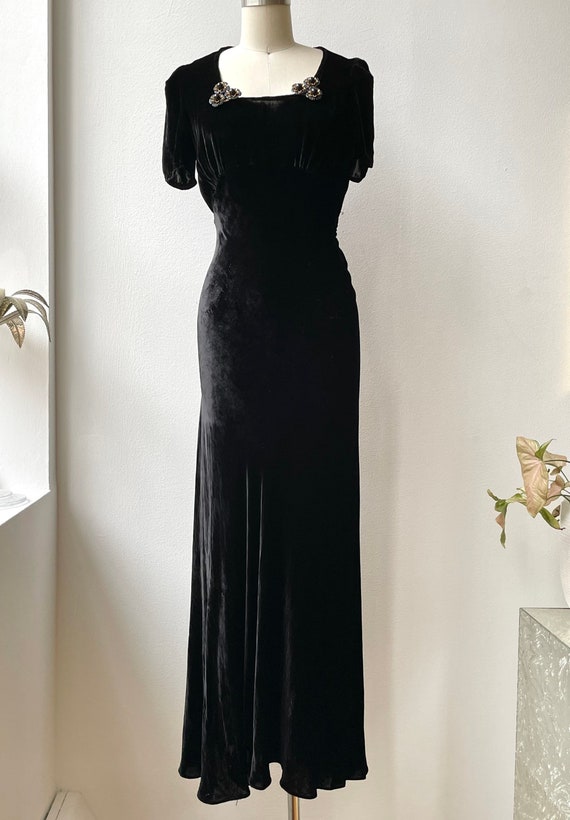 1930s black silk velvet gown