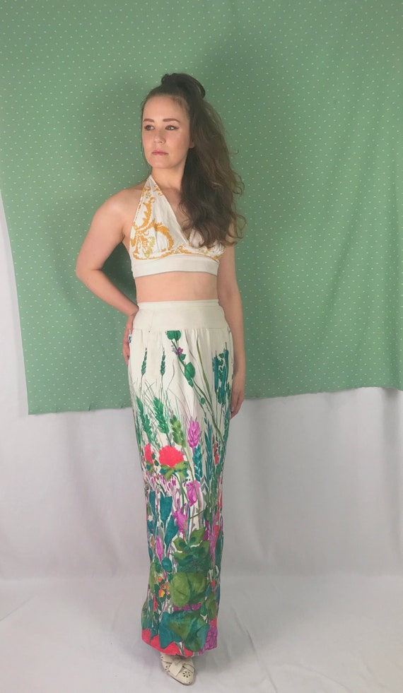 Vintage Floral Maxi Skirt • Hand Painted Floral Sk