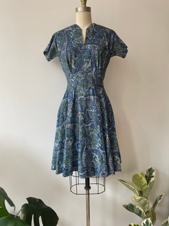1950s Watercolor Paisley Print Fit And Flare Dress