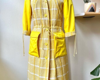 Rare 1960s Courreges Paris Numbered Yellow Tweed Parka and Skirt Ensemble