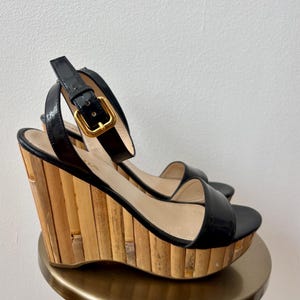 Vintage Prada Black Patent Leather Bamboo Wedges