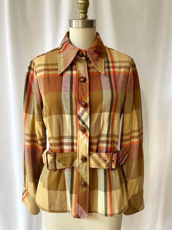 Vintage 1970s Ellen Tracy Wool Plaid Shirt Jacket