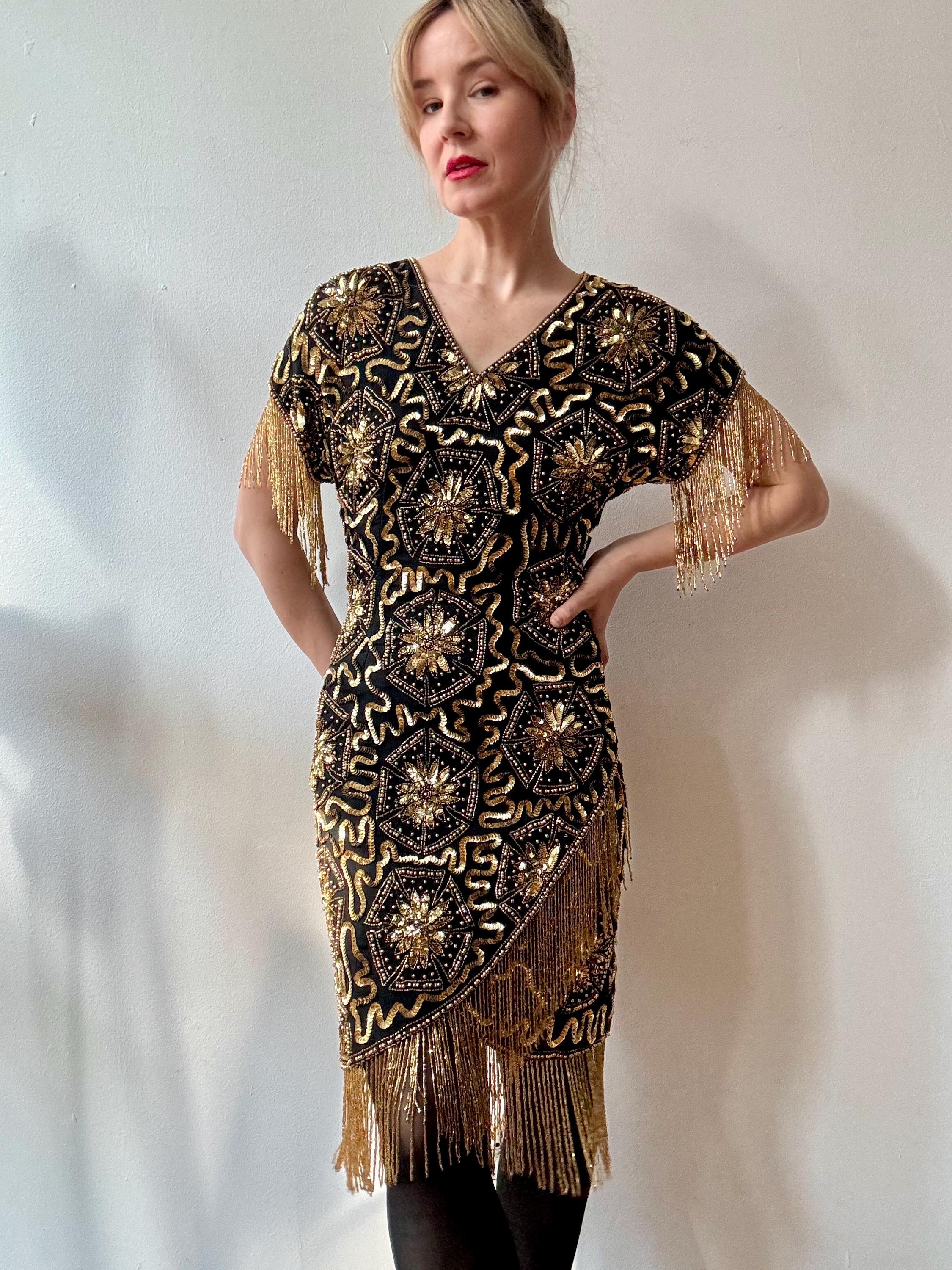 Vintage Black & Gold Sequin Beaded Silk Cocktail Dress